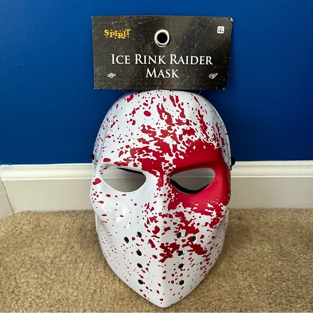 White Ice Rink Raider Mask With Blood Splatters Spirit Halloween